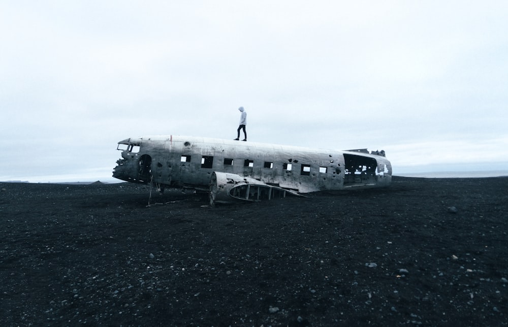 person standing on plane crash under nimbus clouds