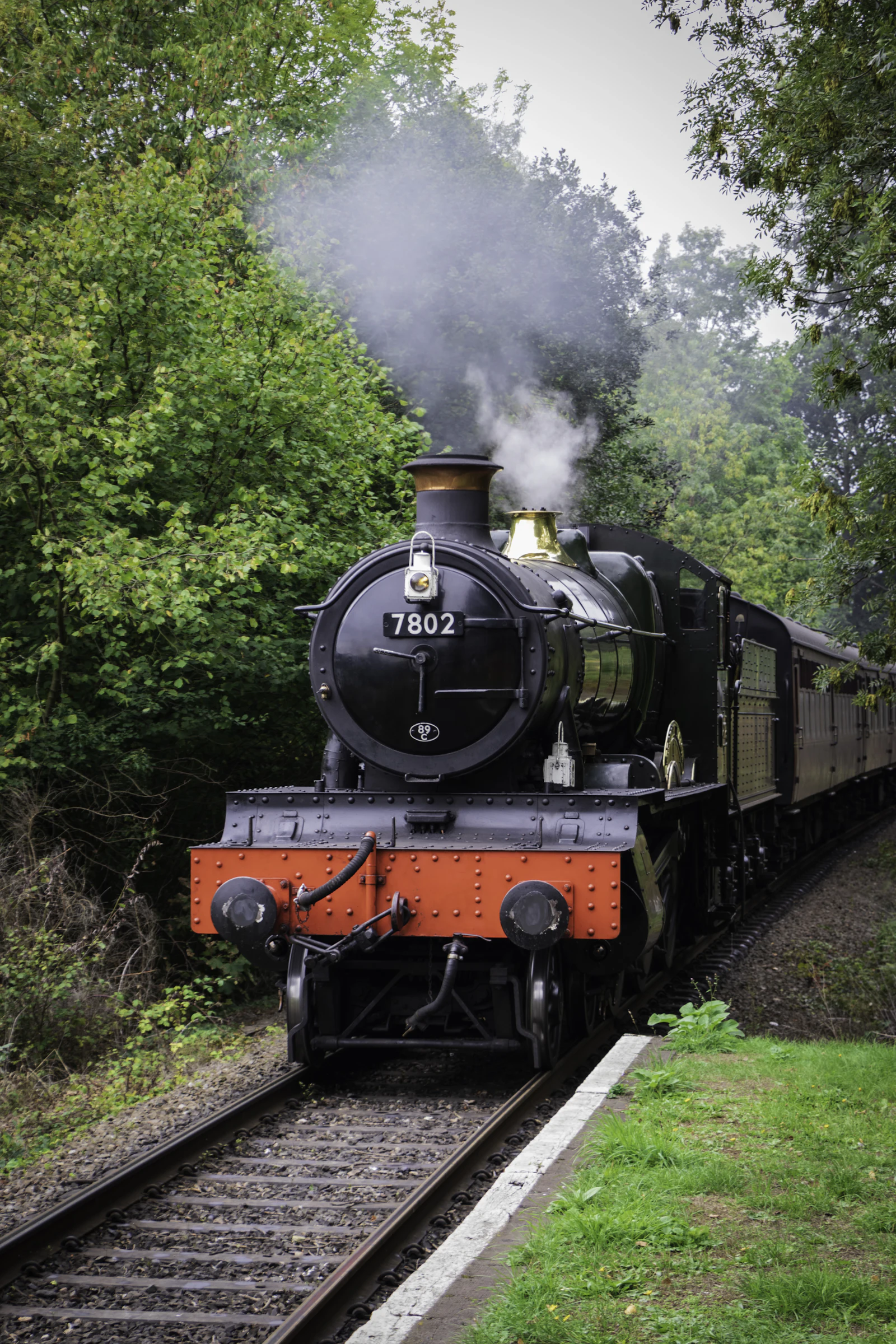 A steam train puffing through green countryside