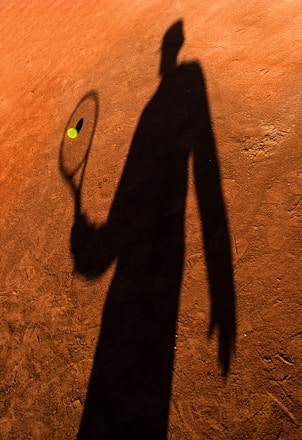 A shadow of a person holding a tennis racket is cast on an orange-brown clay tennis court. A tennis ball is visible in mid-air near the racket.