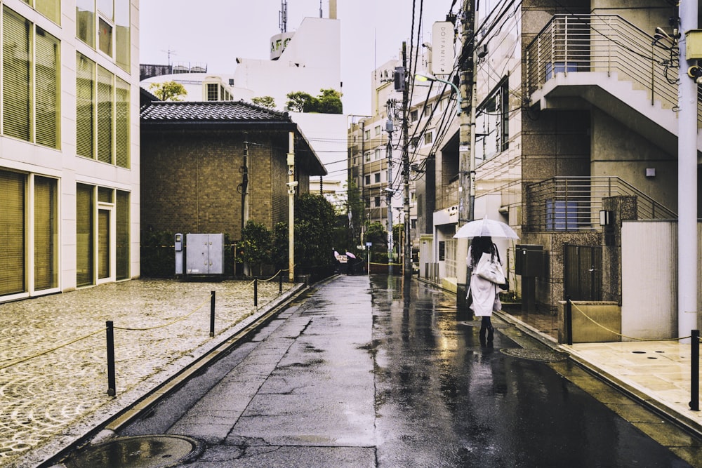 person walking on wet street while holding umbrella