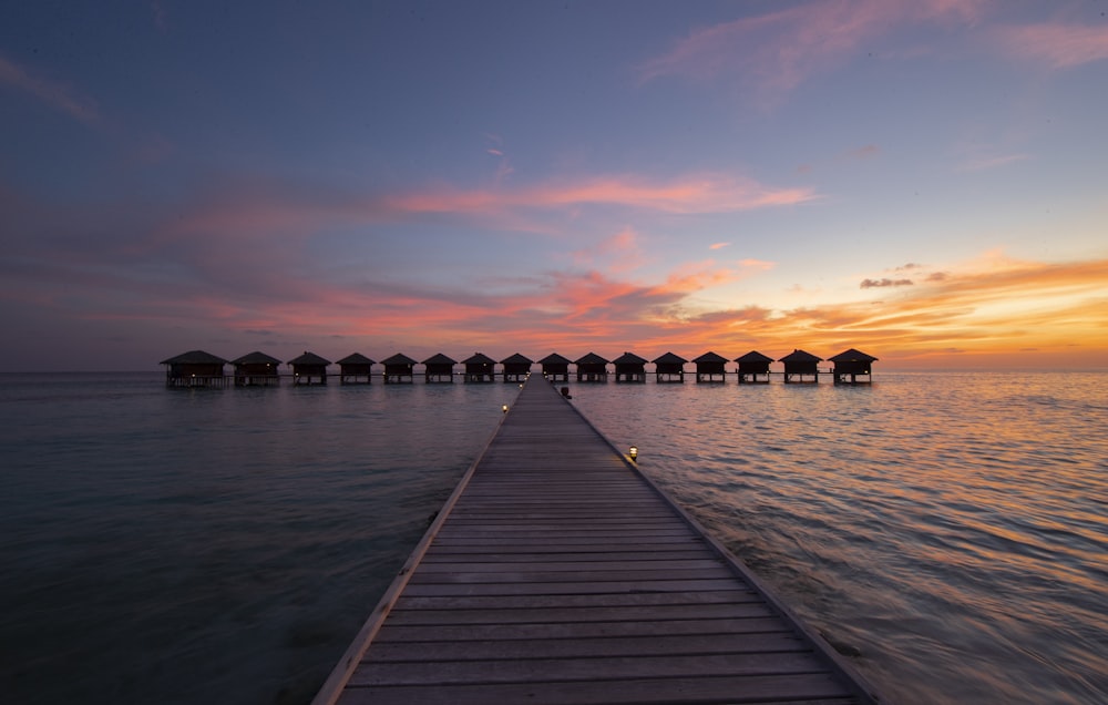 silhouette of brown wooden houses on body of water during sunset