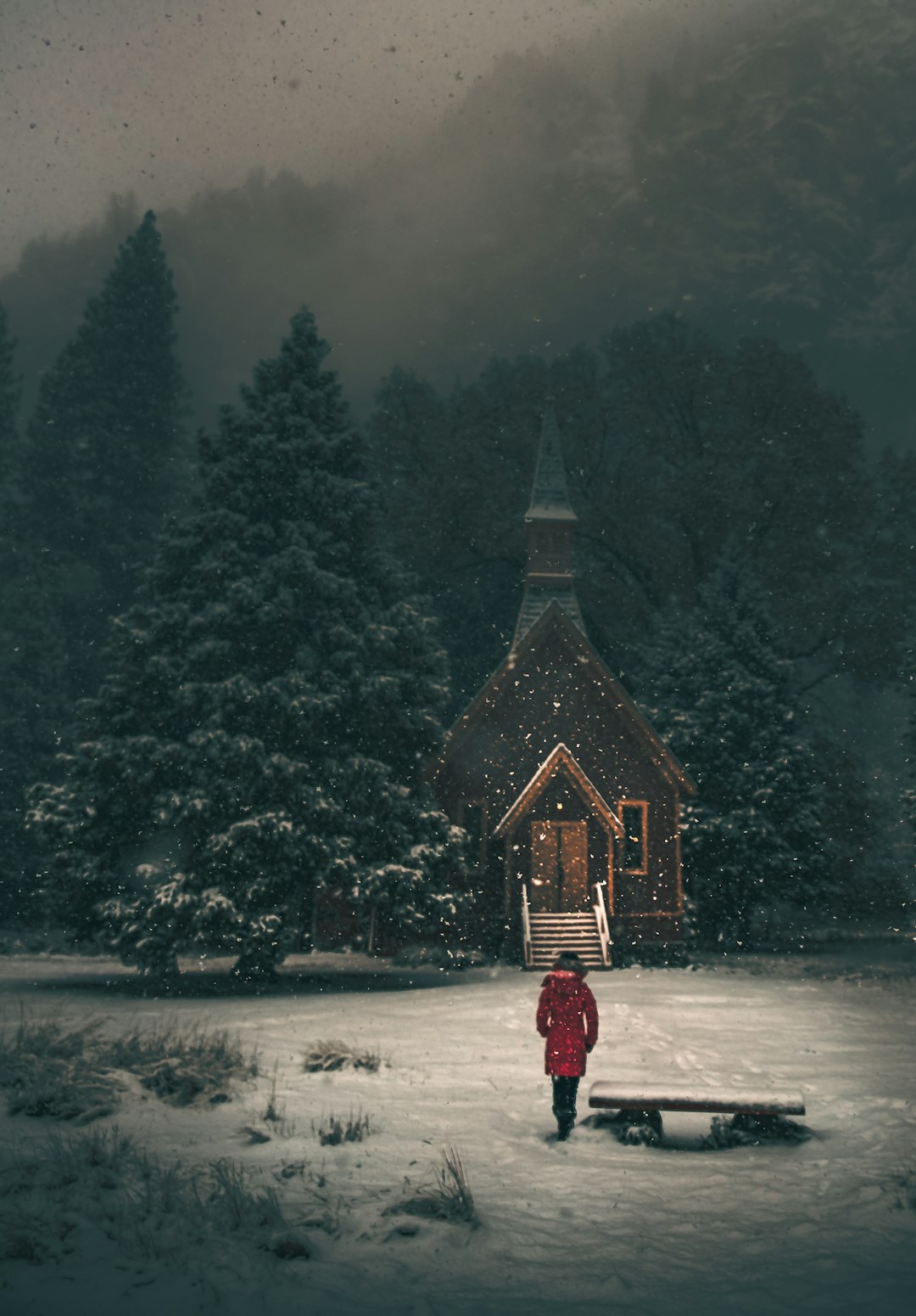 selective focus photography of person wearing red coat standing near cathedral