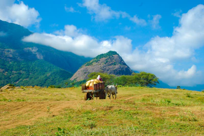 A serene village scene with farmers transporting harvested crops in traditional carts.