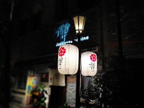 Traditional Japanese lanterns with red floral patterns hang outside, illuminating a dimly lit street. The blurred background reveals part of a building and signage indicating a Japanese restaurant.