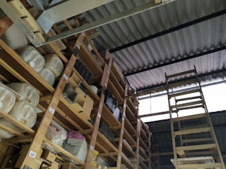A storage area with wooden shelves filled with large containers, boxes, and miscellaneous items. The shelves are arranged vertically and extend up to the corrugated metal roof. A wooden ladder leans against the shelves, providing access to higher levels. There is natural light coming in through a translucent panel in the roof.