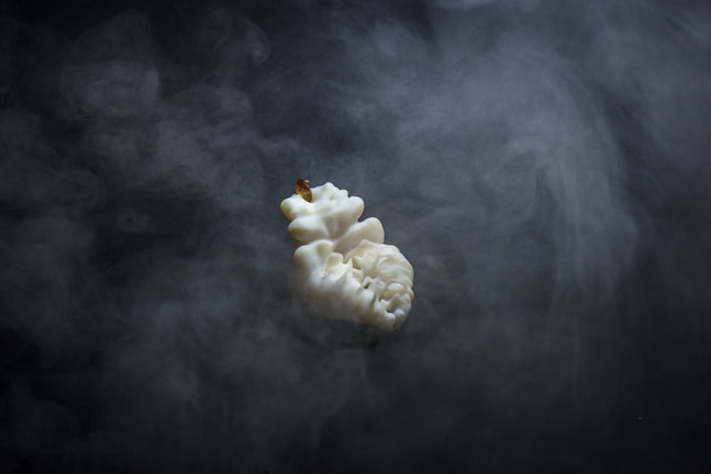 Artistic shot of popcorn kernels popping mid-air against a dark background.