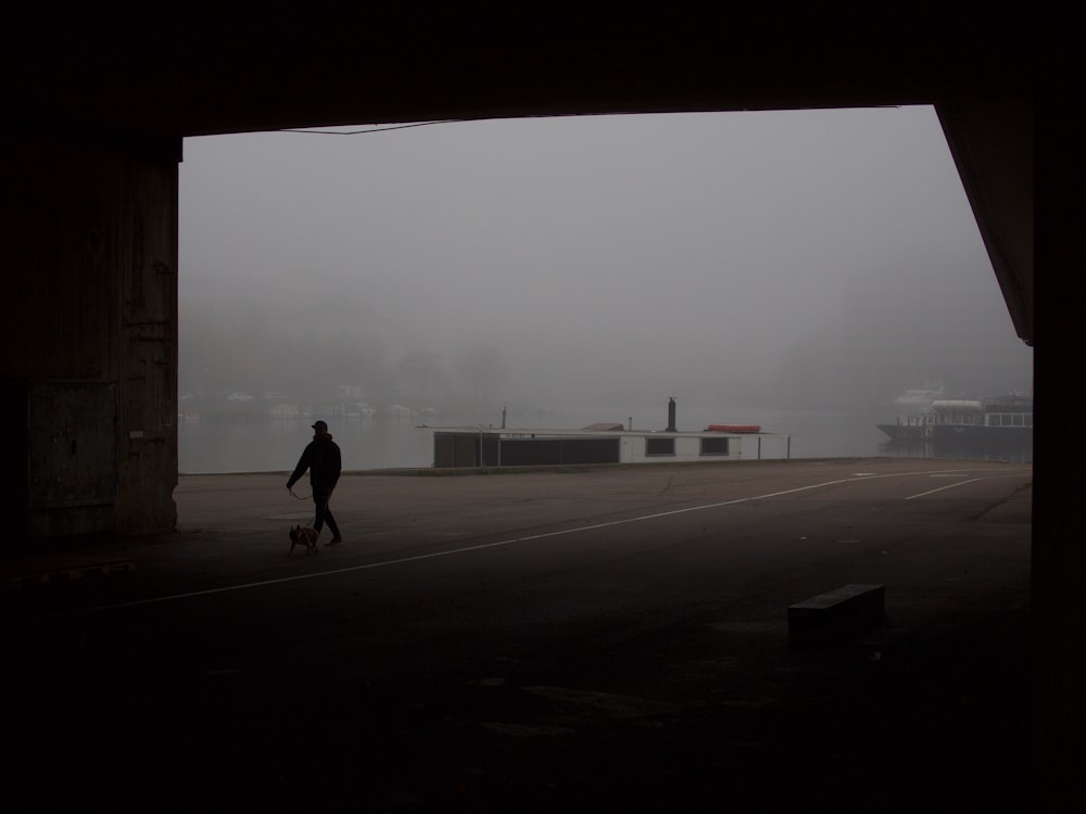 person walking on road under foggy weather