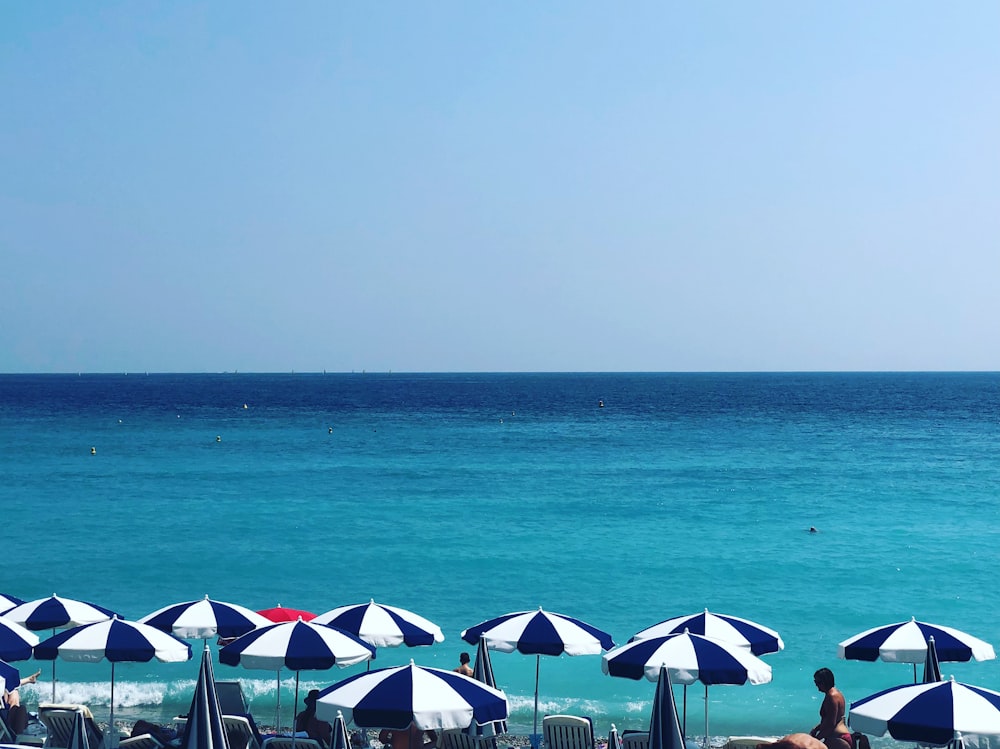 blue and white patio umbrella near at seashore