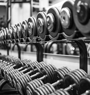gray scale photo of dumbbells