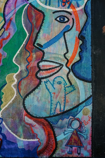 blue, red, and green abstract painting