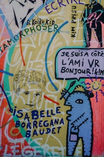 Colorful graffiti art featuring a mix of abstract and recognizable elements, including a stylized humanoid figure, sketches of faces, and various texts in different fonts and colors spread throughout. The artwork is vibrant with a mix of flowing lines and sharp outlines, incorporating a mix of languages and styles.