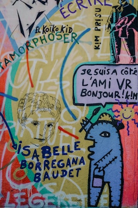 Colorful graffiti art featuring a mix of abstract and recognizable elements, including a stylized humanoid figure, sketches of faces, and various texts in different fonts and colors spread throughout. The artwork is vibrant with a mix of flowing lines and sharp outlines, incorporating a mix of languages and styles.