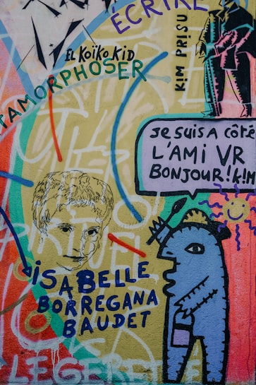 Colorful graffiti art featuring a mix of abstract and recognizable elements, including a stylized humanoid figure, sketches of faces, and various texts in different fonts and colors spread throughout. The artwork is vibrant with a mix of flowing lines and sharp outlines, incorporating a mix of languages and styles.