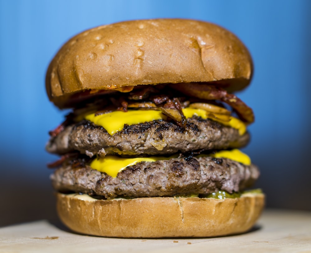 selective focus photography of double patty cheese burger