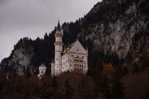 A majestic, fairy-tale castle with multiple towers and intricate architectural details is nestled at the edge of a dense forest and rugged mountainous terrain. The overcast sky adds a dramatic feel to the scenery.