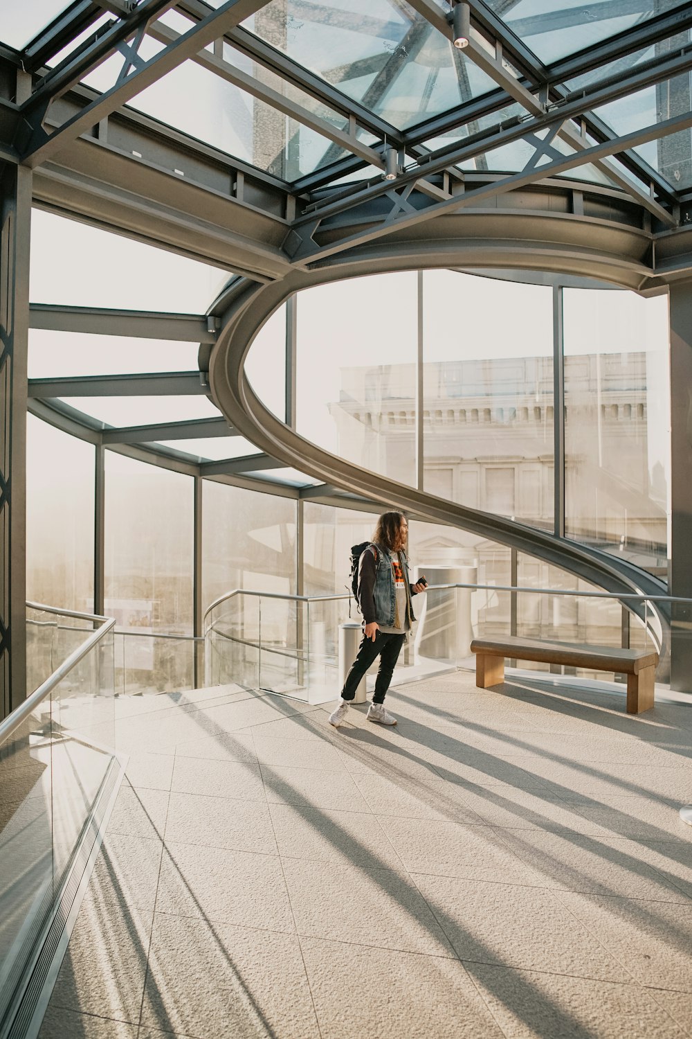 woman in glass walled building