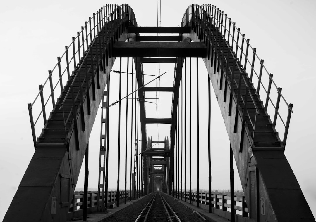 grayscale photography bridge