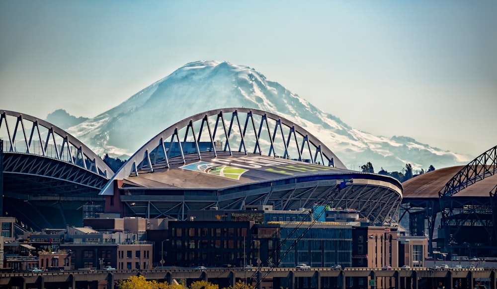 white snowcapped mountain behind stadium