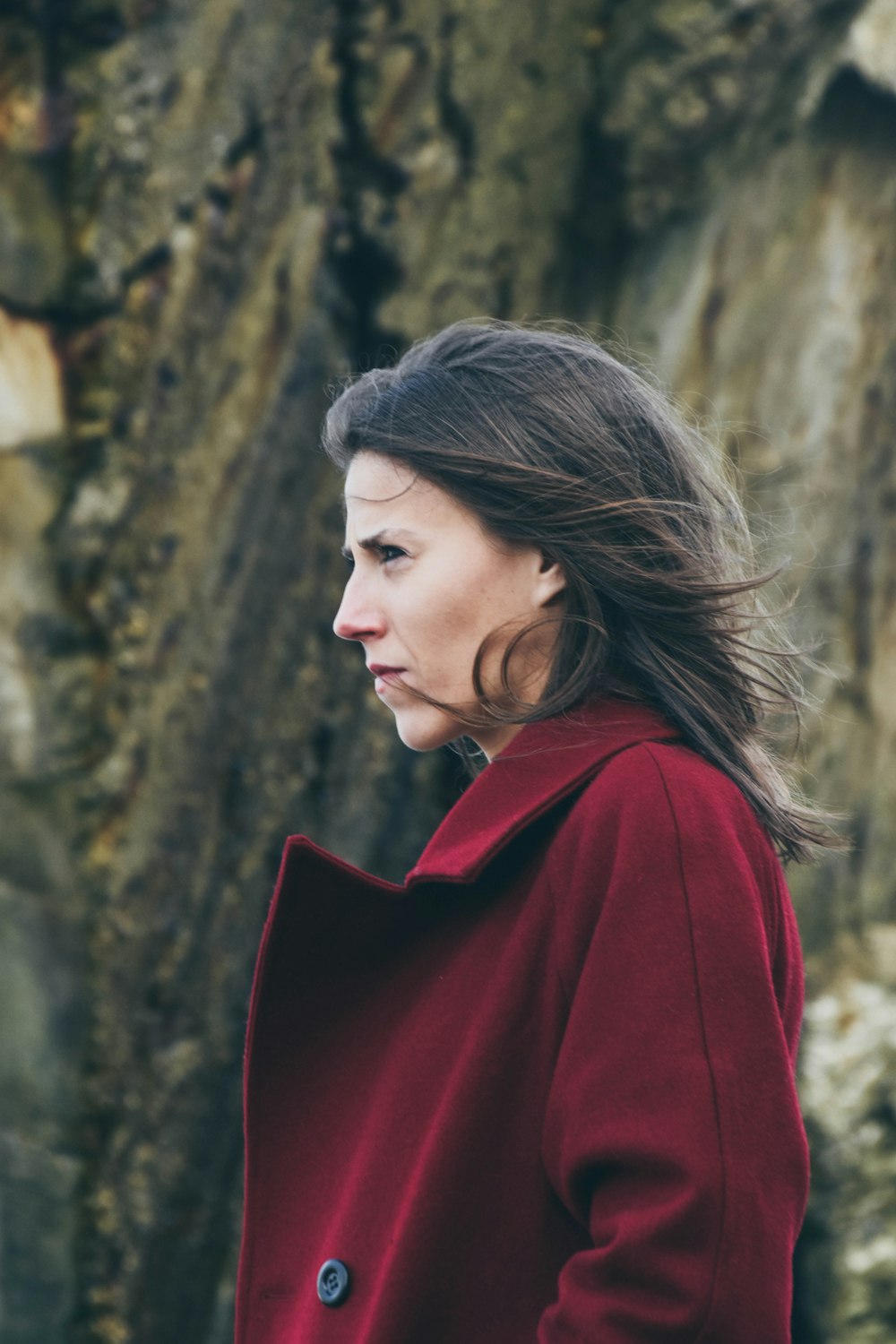 woman wearing red coat