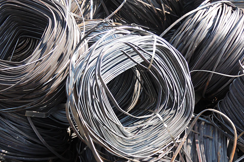 Close-up of shiny galvanized steel coils stacked in a warehouse.
