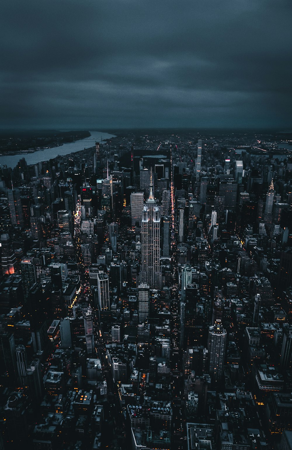 aerial photo of city skyline at night