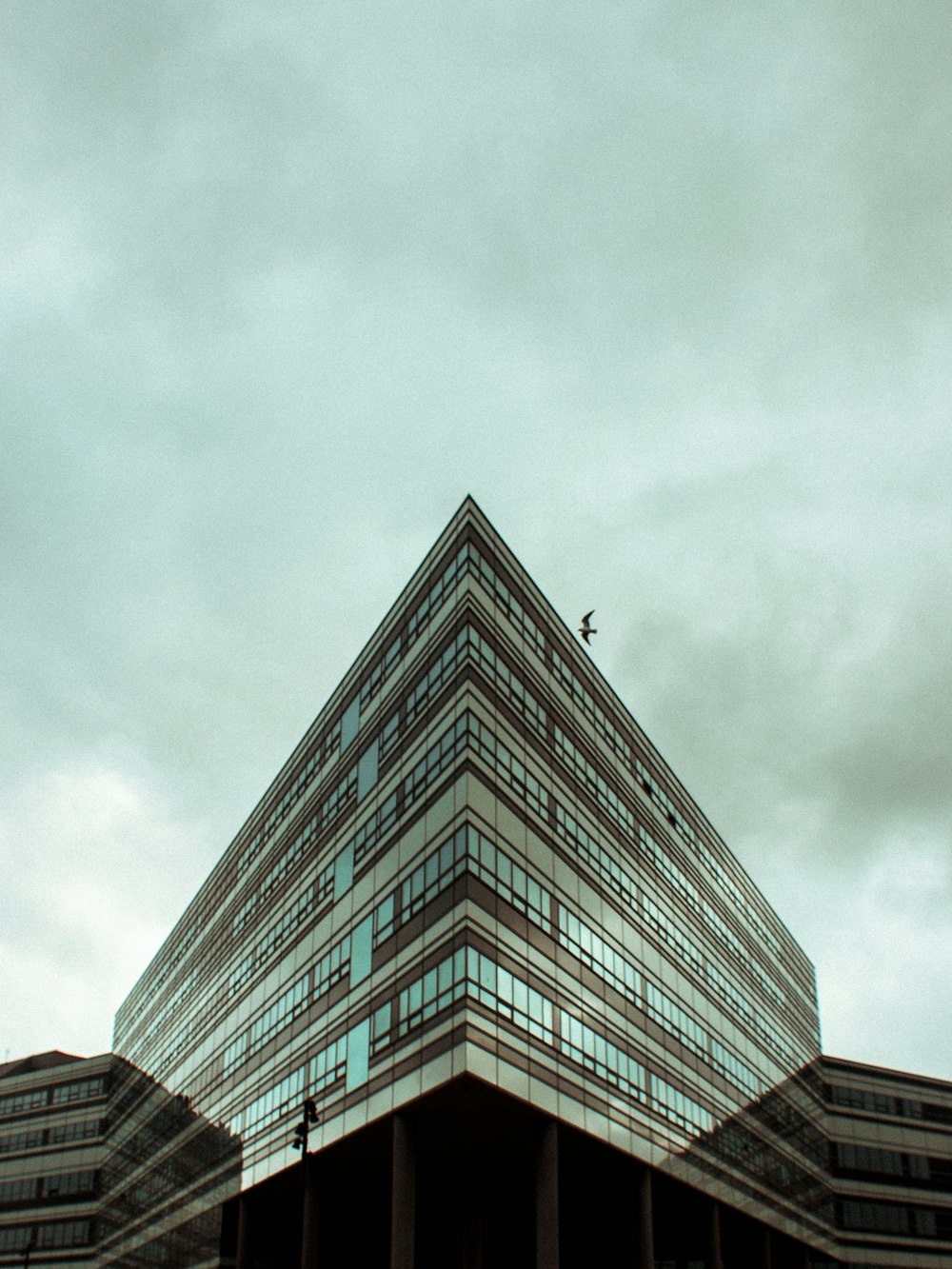 low-angle photography of building under nimbus clouds