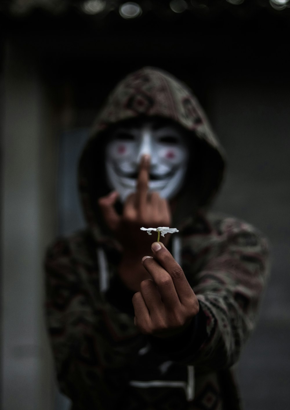 man wearing guy fawkes mask holding flower