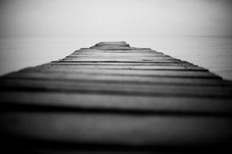 grayscale photography of wooden dock