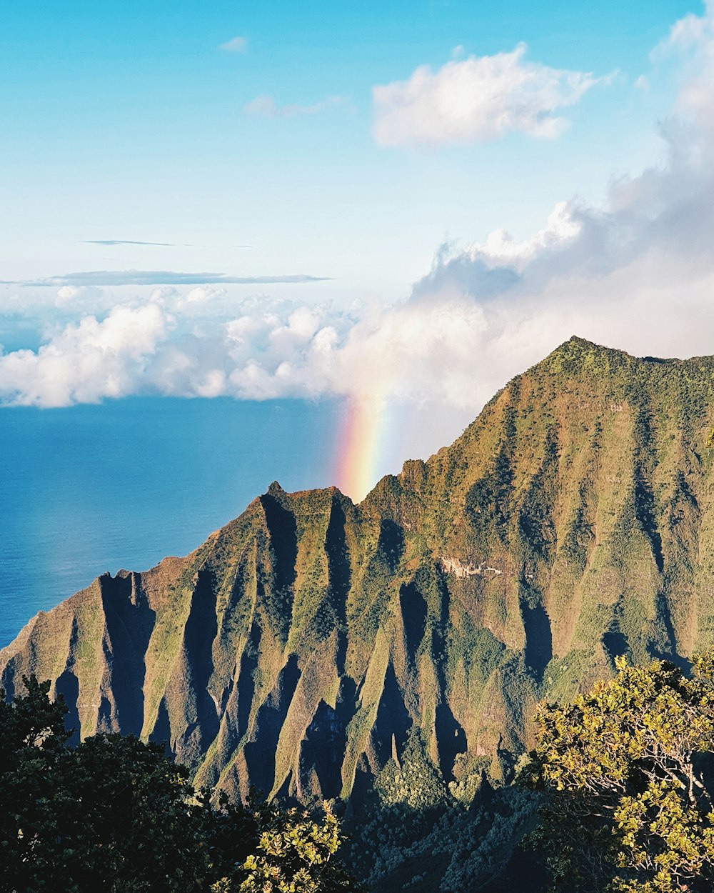 landscape photo of mountain near body of water under cloudy sky