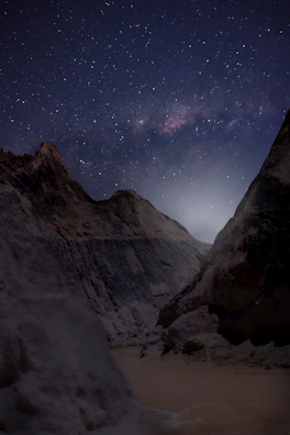 Starry night sky over the Yellowstone rim, with silhouettes of towering cliffs.