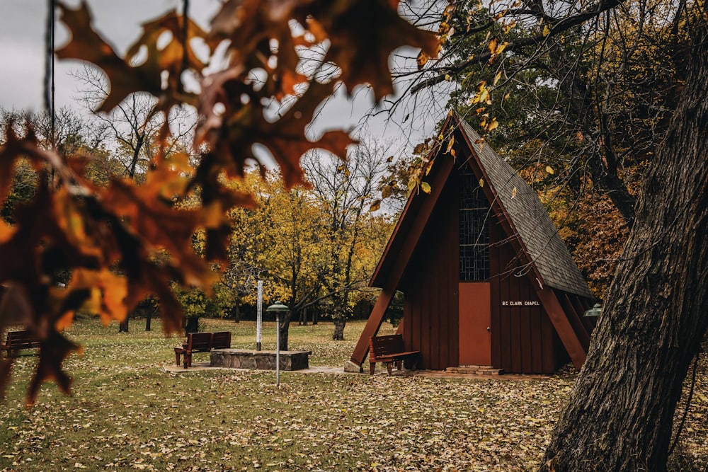 red house near autumn trees