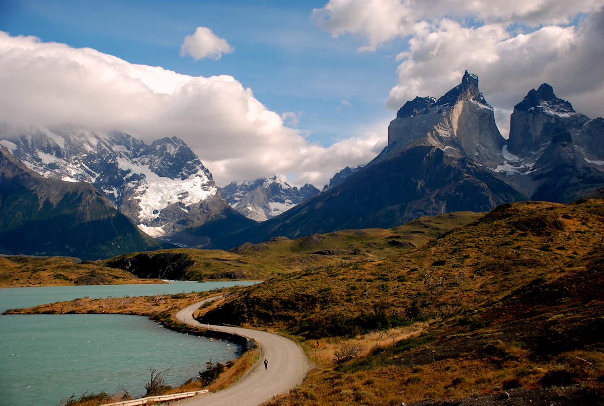 The granite towers of Torres del Paine National Park rising above the Patagonian landscape