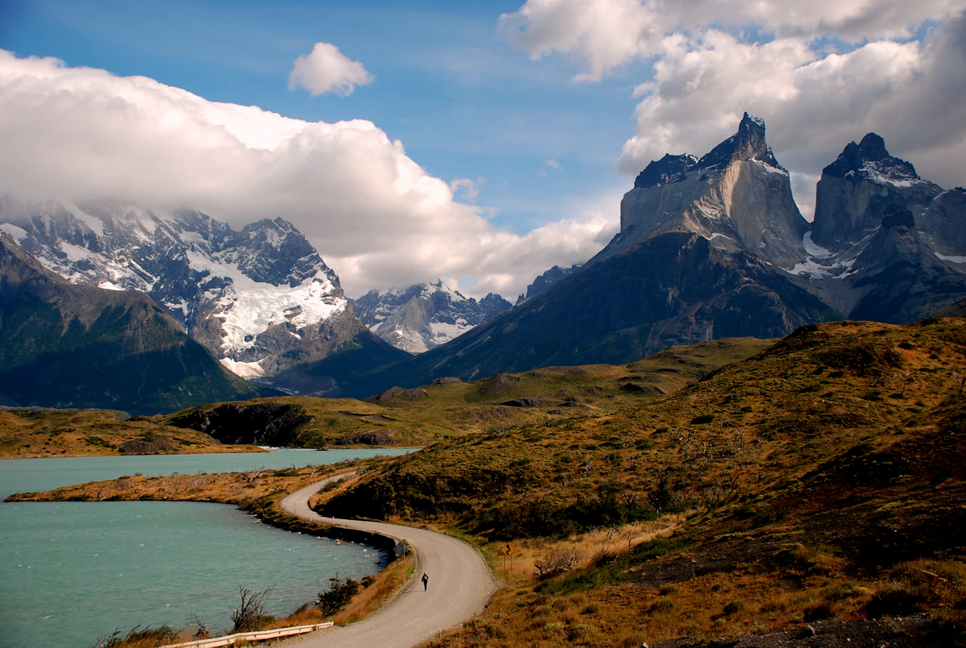 Torres del Paine mountain massif with autumn colours on the beech forest in the foreground