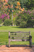 A restored historic park bench overlooking a vibrant garden bed.