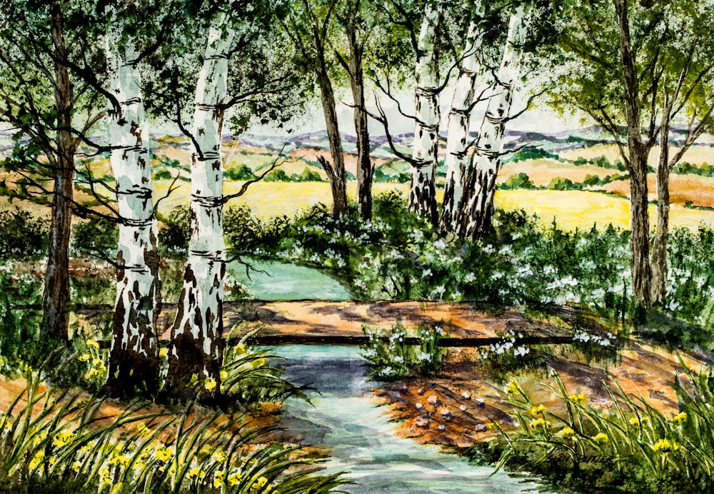 river under trees painting