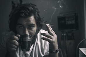 A person with long dark hair, wearing a white shirt, holds a coffee mug in one hand and a lit cigarette in the other. The individual looks relaxed, with smoke curling upwards from the cigarette. The background is blurred, featuring indistinct objects.