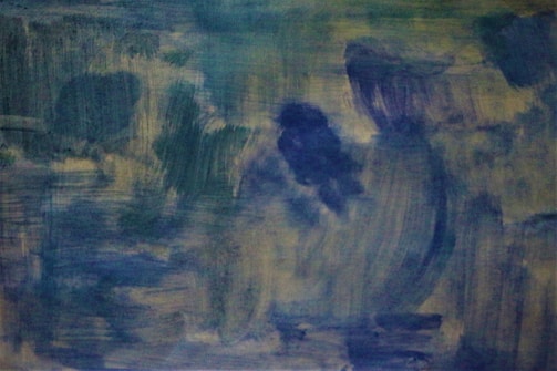 An abstract composition featuring a blend of muted greens, blues, and purples. The brushstrokes create a sense of movement, with various shades overlapping in a loose, layered pattern. The overall texture is soft and painterly, evoking a dreamy, introspective atmosphere.
