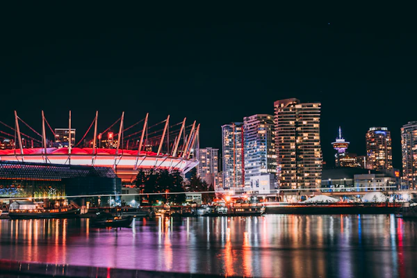 Field photo: BC Place glowing red over False Creek at night