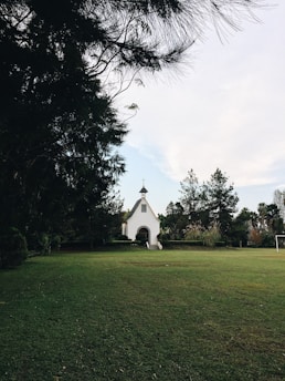 white painted church surrounded by tall trees
