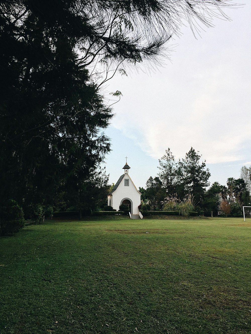 white painted church surrounded by tall trees