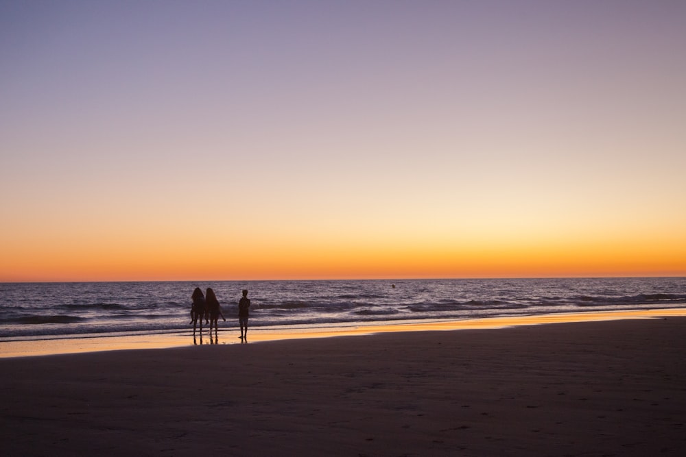 3 personnes debout sur le rivage sous le coucher du soleil