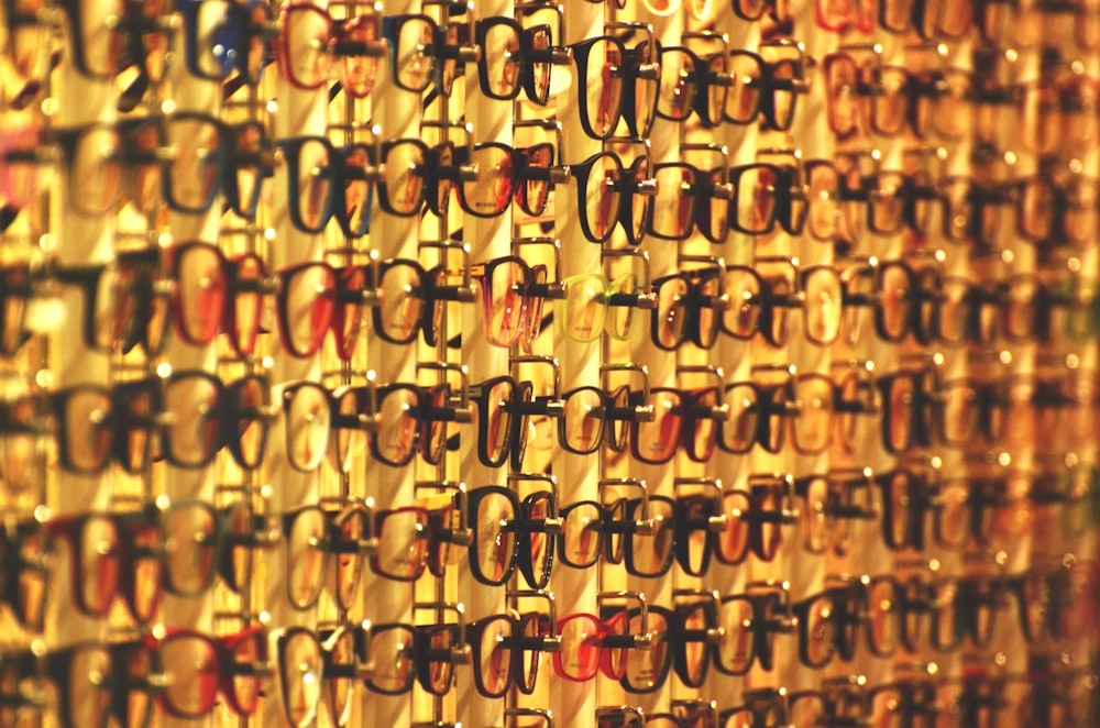 close-up photo of eyeglasses rack