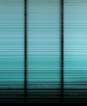 A digitally altered image with horizontal stripes forming a gradient from dark to light shades of teal and black, divided by vertical black lines implying a paneled structure.
