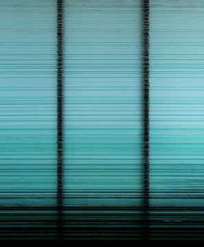A digitally altered image with horizontal stripes forming a gradient from dark to light shades of teal and black, divided by vertical black lines implying a paneled structure.