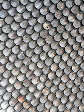 A detailed pattern of overlapping wooden shingles with a scalloped design. The wood appears weathered, with visible grain and variations in color from light to dark tones.