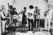 grayscale photography of band