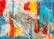 An abstract painting featuring bold, vibrant brushstrokes and splashes of color. The composition includes large areas of red, yellow, turquoise, and orange, interspersed with grey and white, creating a dynamic sense of movement. The use of black lines adds contrast and depth to the piece.