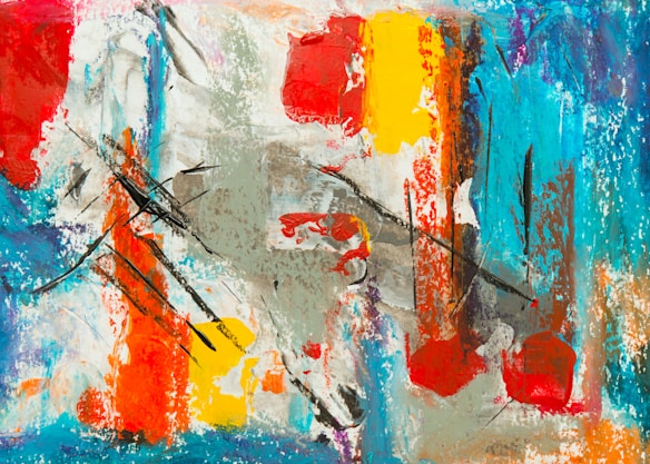 An abstract painting featuring bold, vibrant brushstrokes and splashes of color. The composition includes large areas of red, yellow, turquoise, and orange, interspersed with grey and white, creating a dynamic sense of movement. The use of black lines adds contrast and depth to the piece.