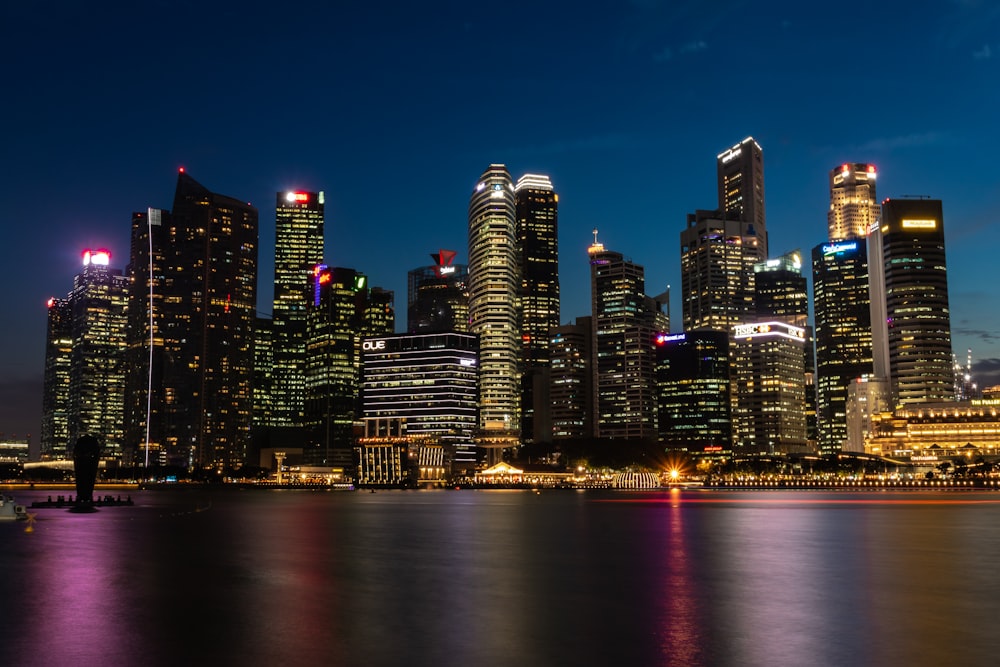 cityscape near the body of water with lights turned-on during nighttime