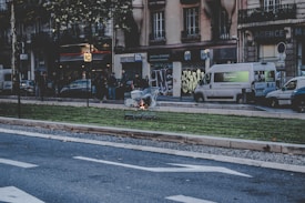 An urban street scene with people standing near a line of parked vehicles on the sidewalk. A shopping cart is on the grassy strip between the road and the sidewalk, containing some burning debris. The surroundings include buildings with graffiti and shop signs, contributing to a gritty urban atmosphere.